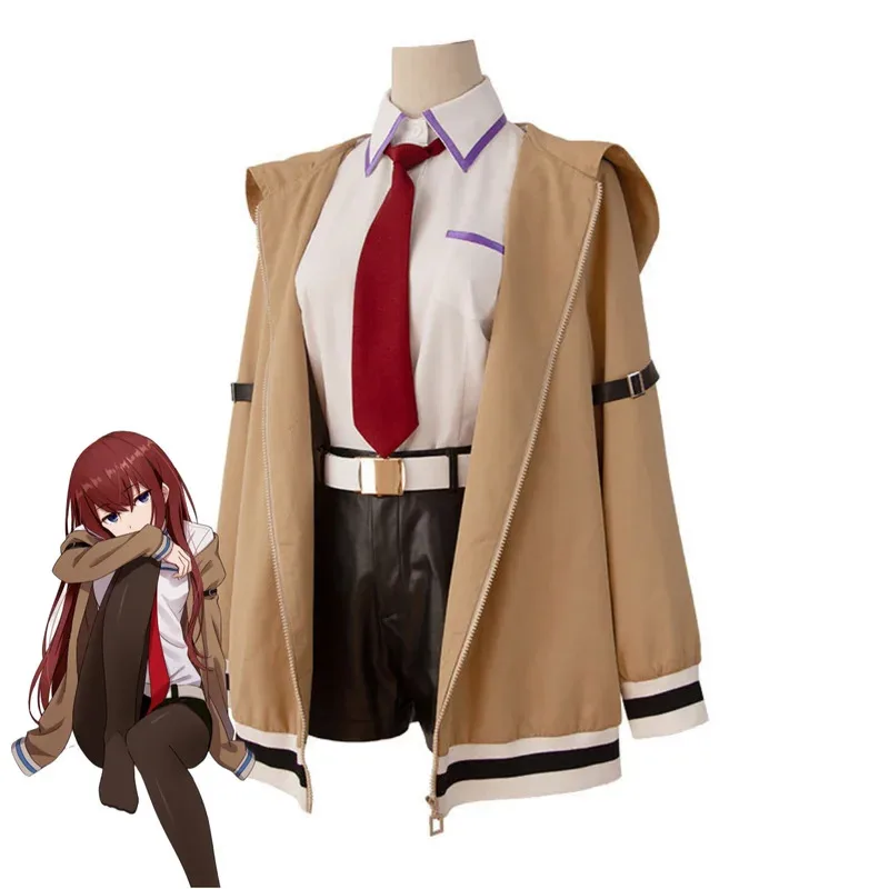 CyGame ستينز بوابة Makise Kurisu كريستينا تأثيري حلي معطف مقنع قميص السراويل رياضية شعر مستعار امرأة كرنفال هالوين البدلة