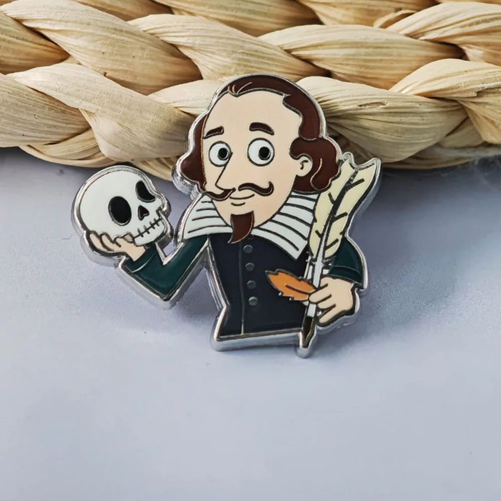 Q Version Famous Writer Hamlet Skull Brooches Classic Literary Writer Enamel Pin Quill Pen Metal Badges Backpack Accessory Gift