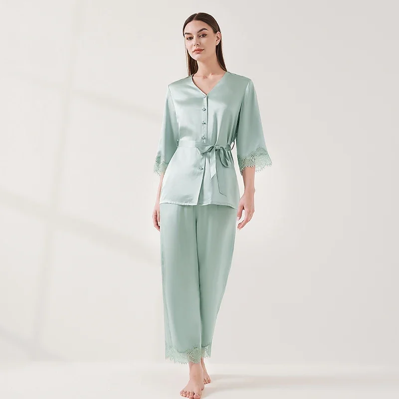 

Тяжелый шелковый пижамный комплект с v-образным вырезом и кружевной отделкой, кардиган, брюки, одежда для сна, пижама с завязками на талии, элегантная женская пижама, ночная рубашка