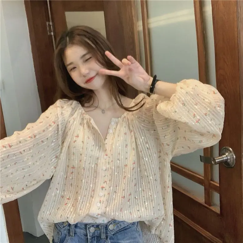 Temperament Floral Loose Blouse Summer New Long Sleeve Button All-match Printing Korean Shirt Tops Fashion Sweet Women Clothing