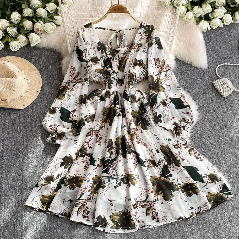 

Sexy Square Neck Puff Long Sleeve Print Dress Chic Elegant Evening Party Women High Waist Slim Ceremonial Dress