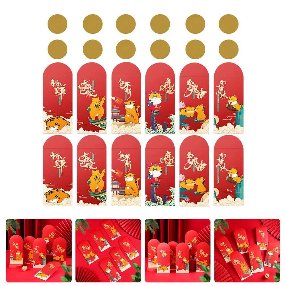 

24pcs Chinese Style Red Pockets Tiger Pattern Festival Money Bags New Year Spring Festival Gift Paper Bags Assorted Color