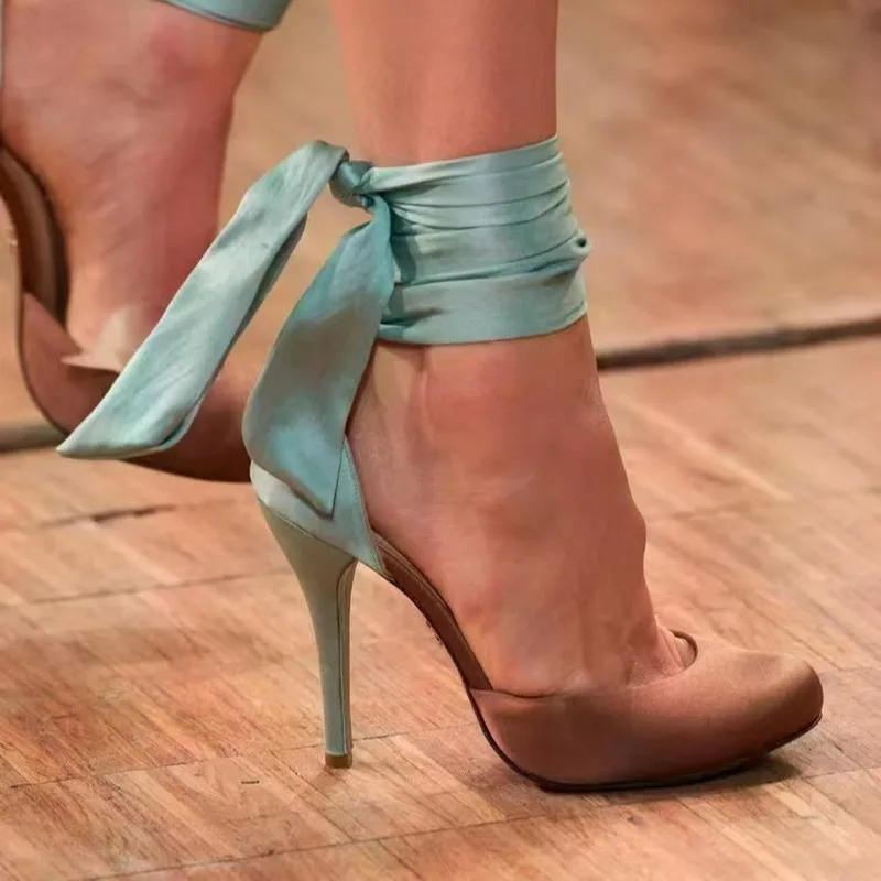 Women Ballet Ribbon Ankle Wrap Pumps Satin Bow Tie Pointed Toe Stiletto 12cm Ivory Bridesmaid Wedding Shoes Plus Size 33-43F774