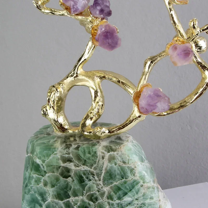 2026 Unique Natural Amethyst Brass Tree Ornament Lucky Handicraft Ornaments Crystal Tree Simulation Plant Sculpture Home Decorat