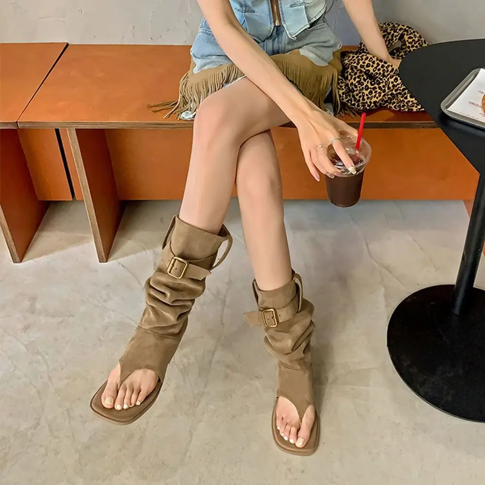 

Fashion Designer Women's Sandals Boots Y2k Belt Buckle Open Clip Toe Boots Gothic Suede Knee High Booties Spicy Girls