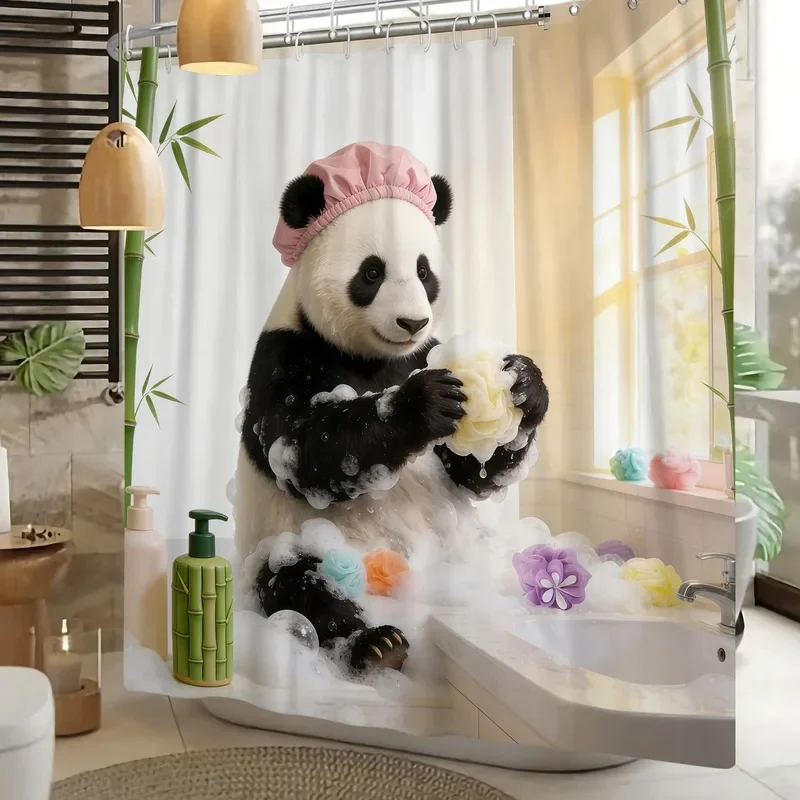 VIKAMA Cute Panda Shower Curtain Funny Bathing Panda Print Waterproof Fabric Curtain for Bathroom Decor