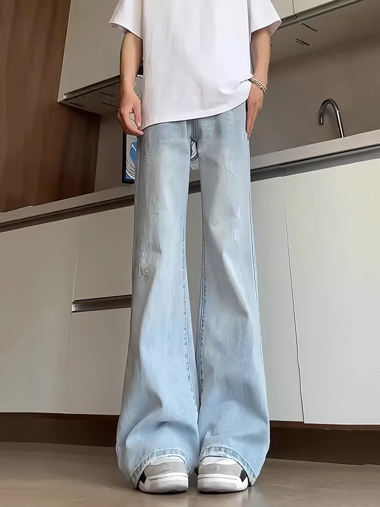 

Tall Men's Light Blue Curved Blade Jeans Spring Summer Straight Leg Slimming Micro Flared Pants Casual Loose Fit Youth Trend