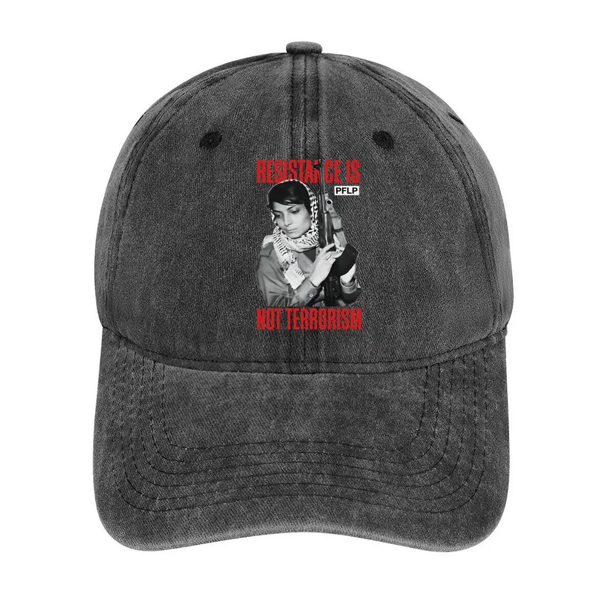 

Resistance is Not Terrorism PFPL Statement with Portrait in a Political and Activist Design Washed Baseball Cap
