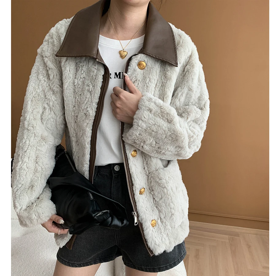 2024 New Women Winter Warm Coat PU Leather Collar Patchwork Faux Fur Coat Loose Style Jacket Women Tops Coat Casaco Feminino