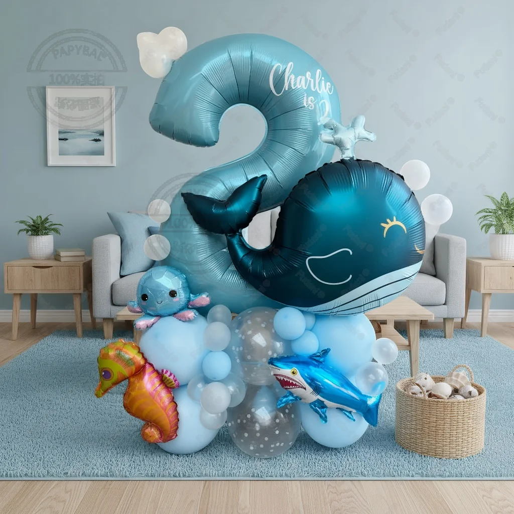 38 Uds. Globo temático de animales del océano, juego de globos de cumpleaños con números azules para bebé, ballena de dibujos animados, tiburón, caballito de mar, decoración de fiesta