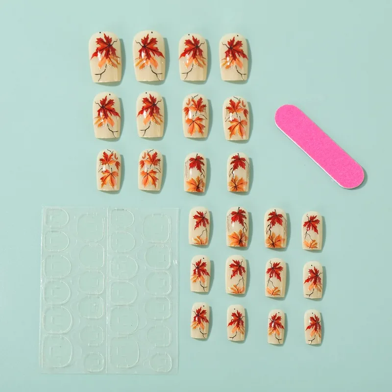 24個入り ミディアムスクエアネイルチップ 秋の紅葉風 付け爪 人工ネイル プレスオンネイル 女性用 美爪セット