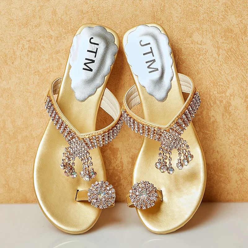 2024 New Slipper Ladies Design Casual Low Heel Slippers Flip-flops Rhinestone Glass Slipper Ladies Summer Beach Shoes