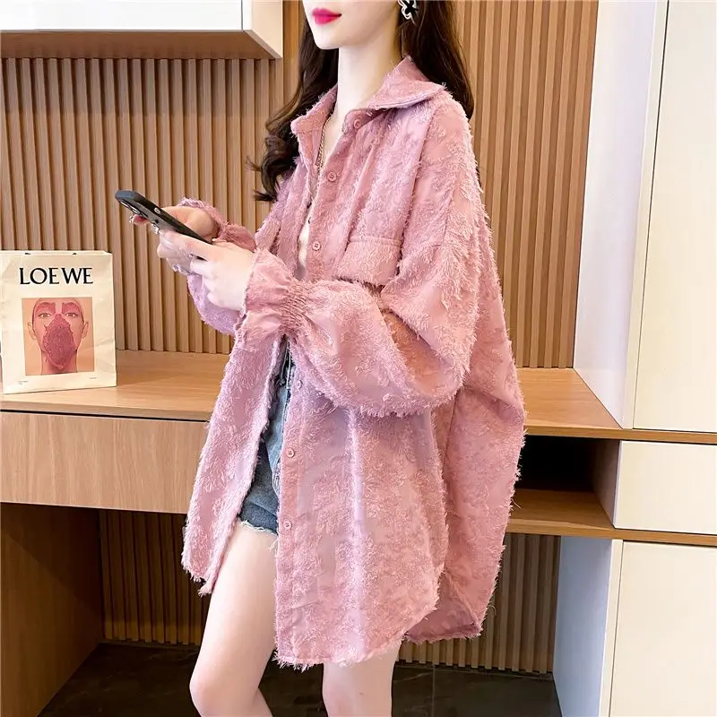 Women\'s Sexy Sheer Lace Irregular Oversized Button Up Shirt Korean Fashion Long Sleeve Streetwear Blouse Solid Tunic Tops Blusas