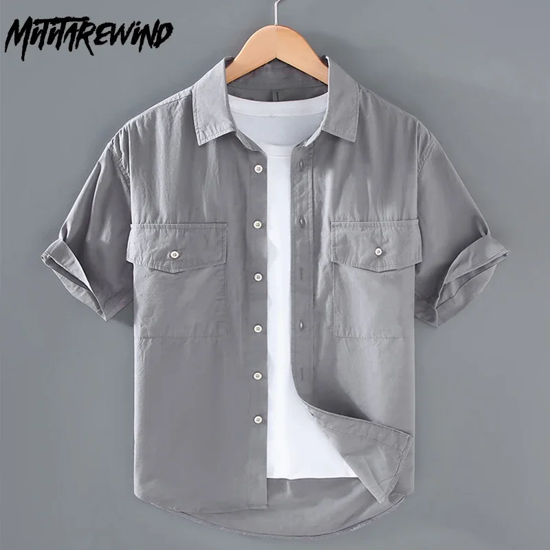 Summer Mens Short Sleeve Shirts Japanese Style Cargo Shirt Men Double Pocket Pure Cotton Shirt Fashion Top Mens Designer Clothes
