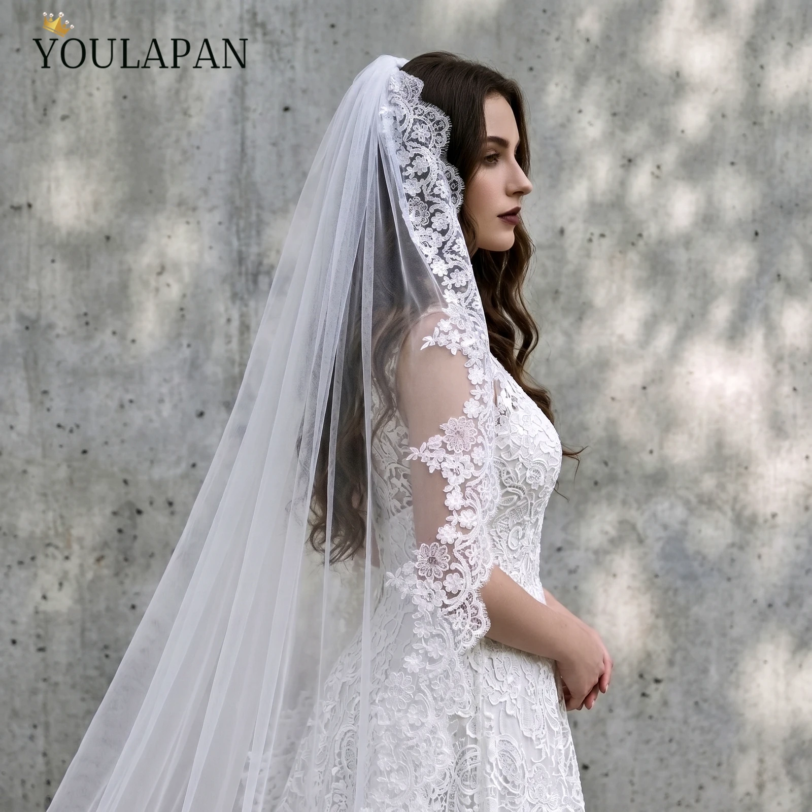 TOPQUEEN V152 Lace Wedding Veil 4 M Length Bridal Veil Cathedral Style Scalloped Edge 1 Tier Bridal Accessories Customizable