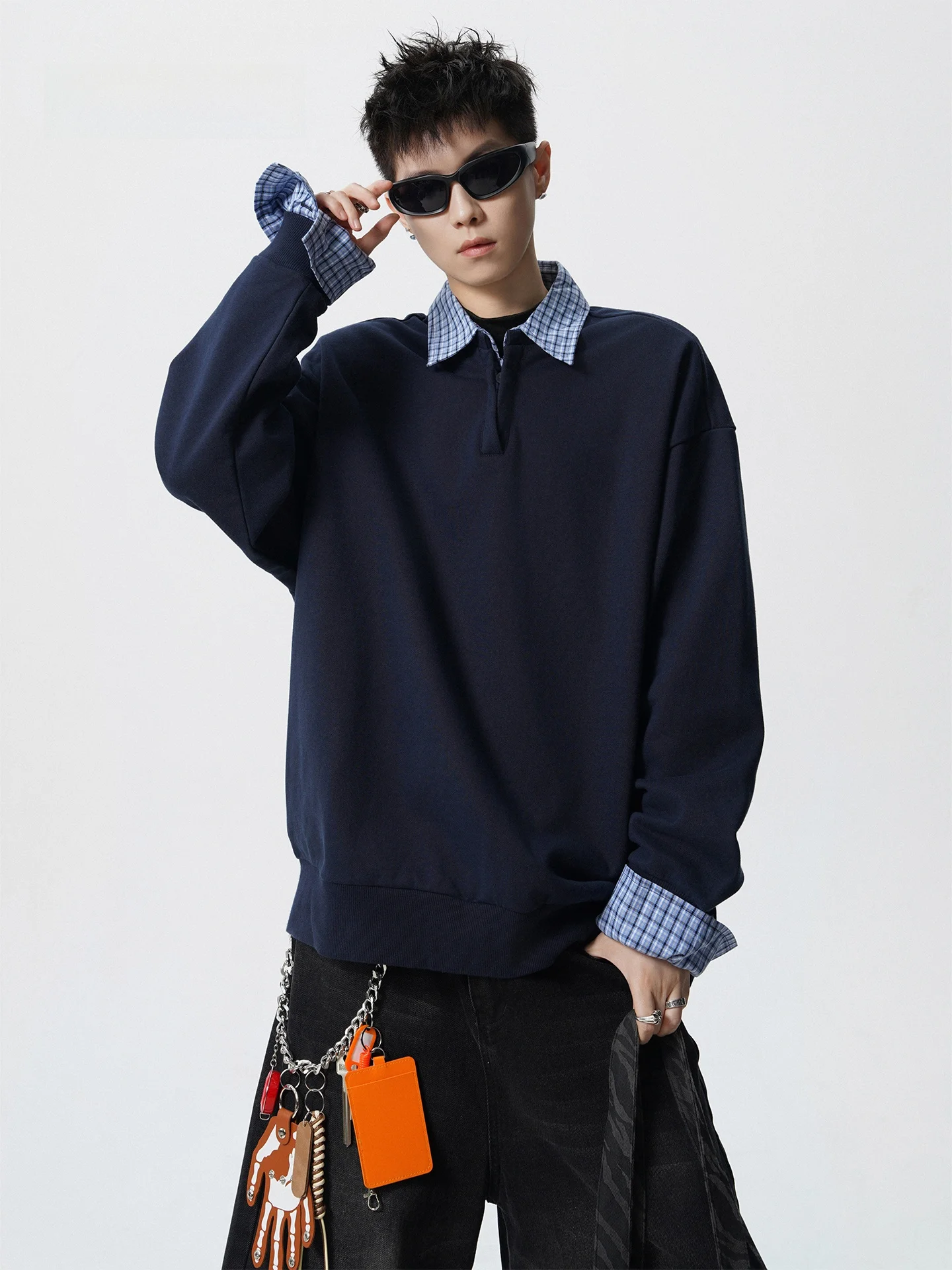 

Japanese Sle Plaid Collared Sweatirt Men's Spring Casual Couple's Top Retro Versatile Sports T-irt Loose Fit Long Sve