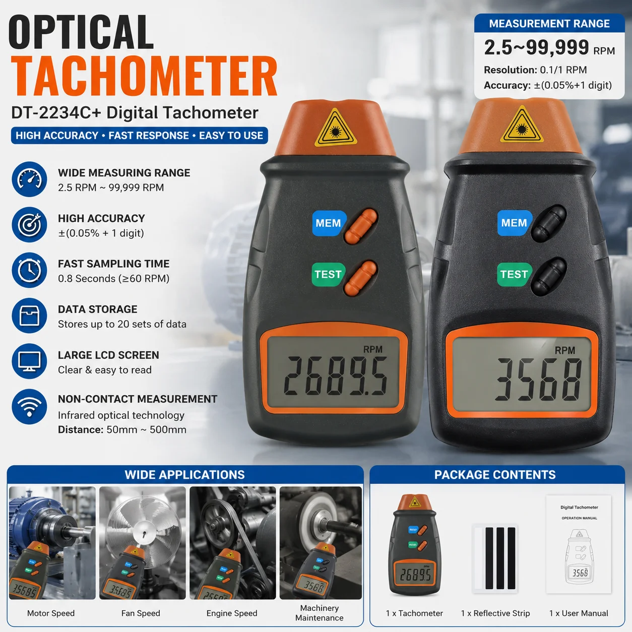 DT-2234C+ Non Contact Digital Optical Tachometer 2.5-99999 RPM Infrared Motor Speed Meter With Data Storage For Engine Testing