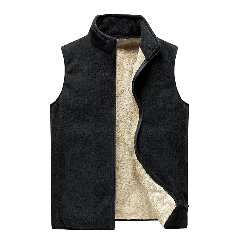 

Men's Fleece Warm Stand Collar Vest, Plus Size Thick Plush Vest, Zipper Pocket Outdoor Vest, Soft Sherpa Sleeveless Jacket