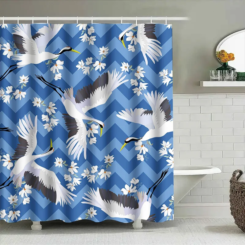 

Modern Chevron Pattern Crane Print Shower Curtain Waterproof Fabric Decoration for Bathrooms Home Decor in White Blue Colorway
