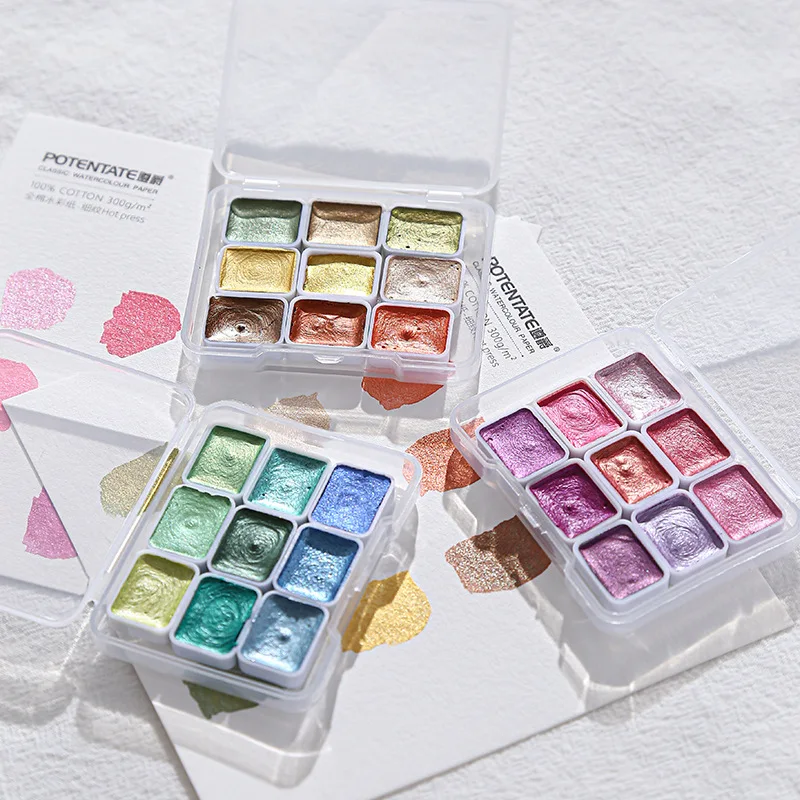 Mini 9 Colors Solid Watercolor Pigment 1ml Glitter Colors, Long-Lasting Pigments, Suitable for Art Watercolor Painting