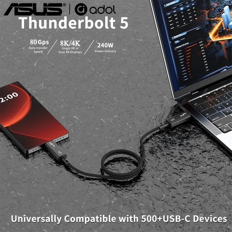 Kabel USB-C ASUS Thunderbolt 5, 80 Gbps do transmisji danych, PD240W szybkie ładowanie, wyjście wideo 16K 60 Hz, kabel do szybkiego ładowania i transmisji danych Type-C, 120 Gbps