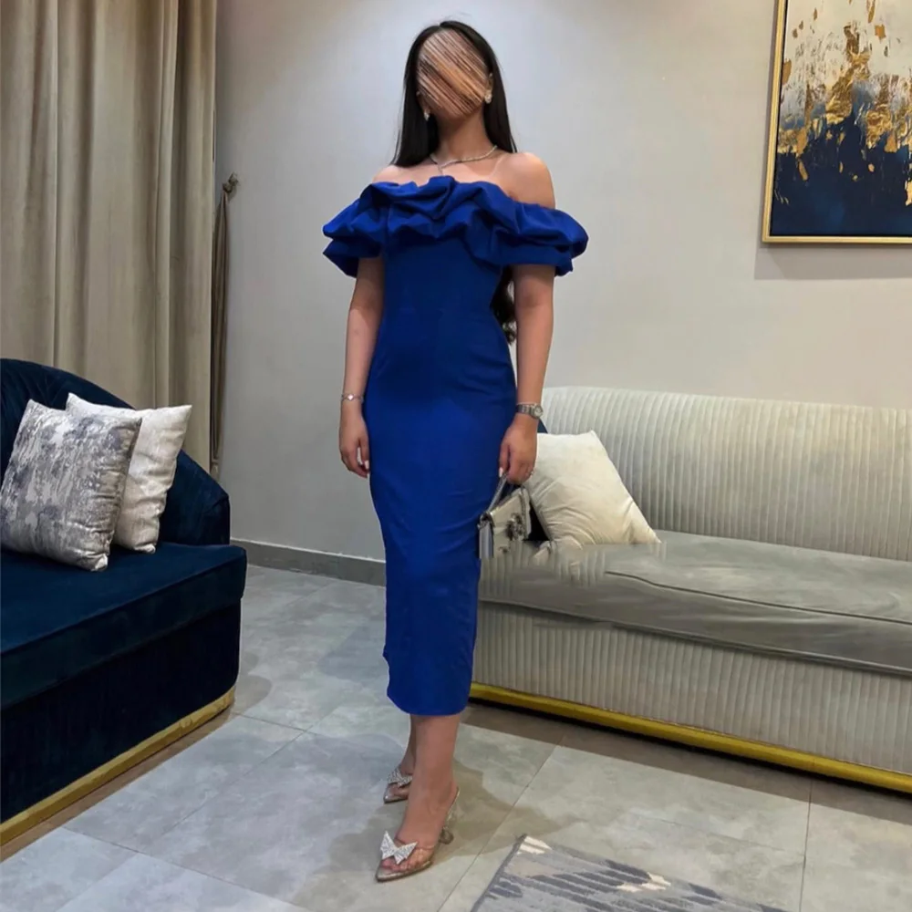 

Customized Off Shoulder Boat Neck Sheath Party Dress Backless Short Sleeve Tea-Length Evening Dresses فساتين للحفلات الراقصة