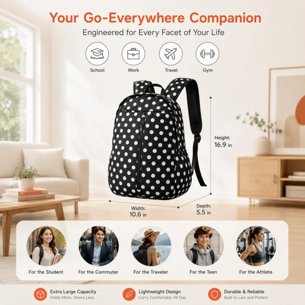 Polka Dot Backpack Large Capacity Waterproof Material Travel Backpack Lightweight Design Padded Straps Sports Backpack Commute