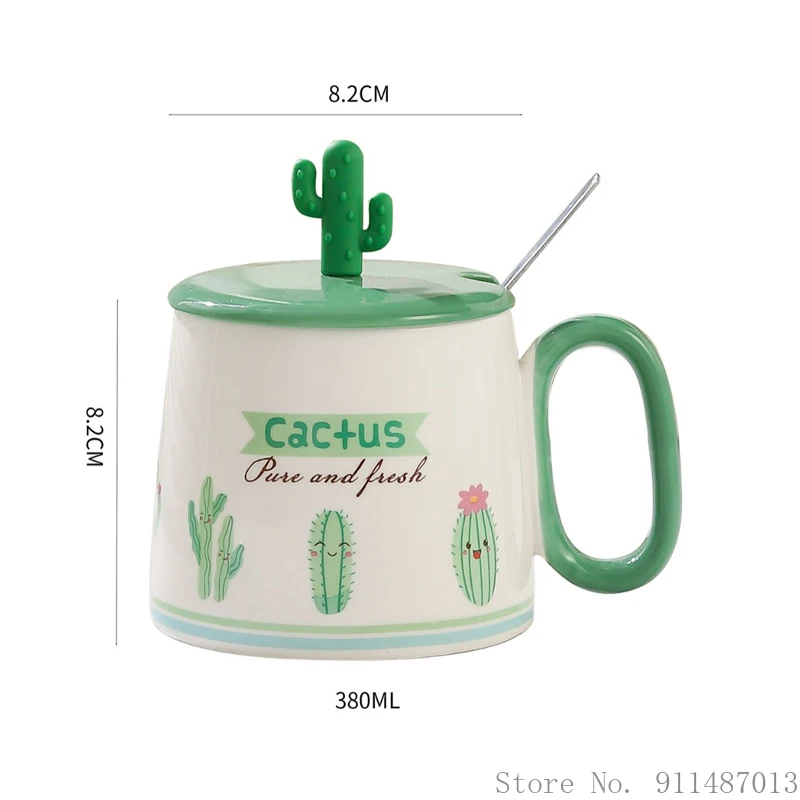 Cartoon Cactus Shape Mug, Ceramic Mark Cup, Cover Handle Spoon Breakfast Coffee Milk Tea Fruit Juice Household items, 380ml, 1Pc