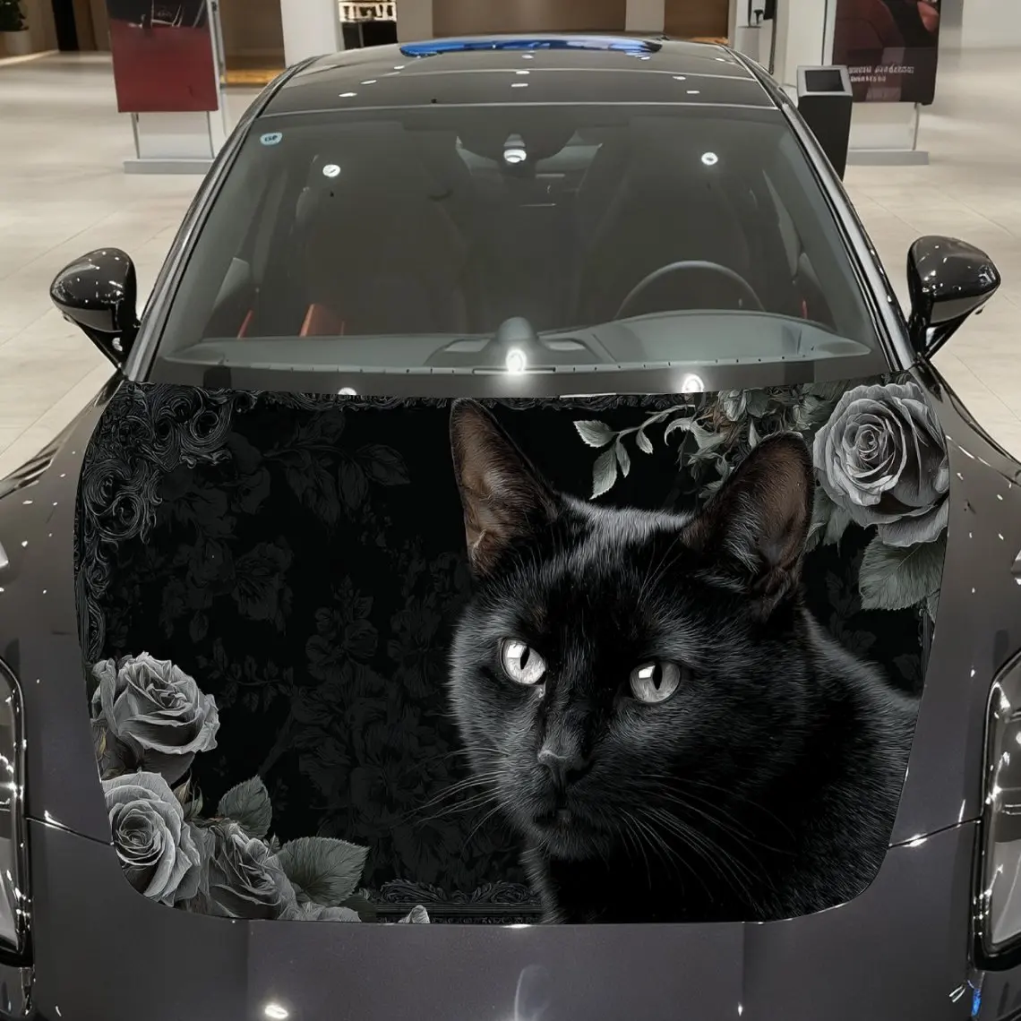 

Dark Realm Rose Cat Earl Car Vinyl Wrap, PVC Material Waterproof Car Hood Sticker, Self-Adhesive Scratch-Resistant Stickers for