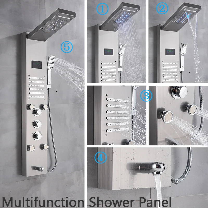 

Nickel Bathroom Shower Column Wall Mounted Black LED Shower Panel Faucets Rainfall Digital Screen 6 Modes Mixer Tap