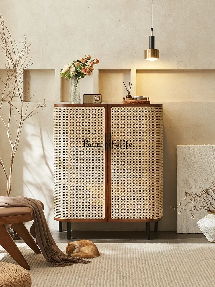 

Nordic solid wood retro rattan dining side cabinet wabi-sabi wind storage locker