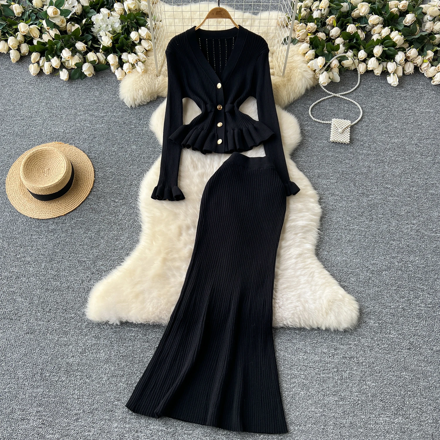 Autumn Elegant Slim Two Pieces Sets Women Single Breasted V-Neck Cardigan High Waist Bodycon Mermaid Skirt Knitted Sets J337