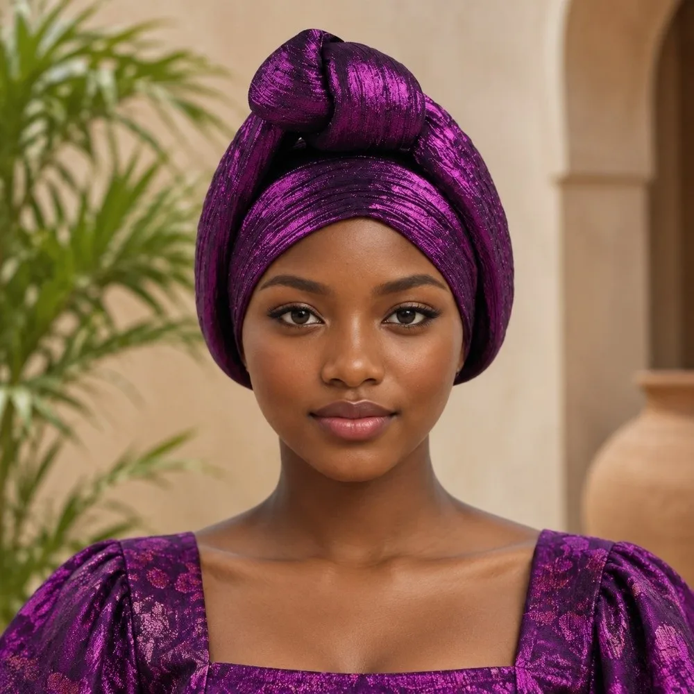 Shiny African Gele Headwrap Front Knot Polyester Nigerian Yoruba Turban Traditional Style Lightweight Elegant Headpiece