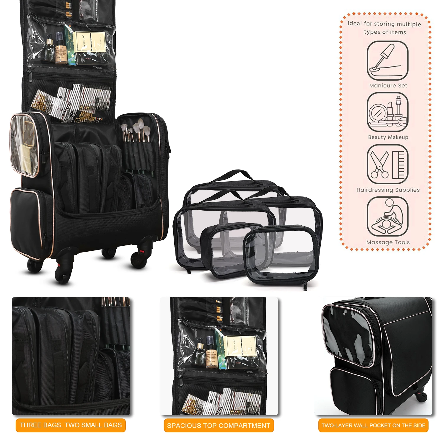 Borsa per trucco professionale di grande capacità per truccatori Custodia per cosmetici con rotelle Borsa per attrezzi multifunzionale in tessuto Oxford