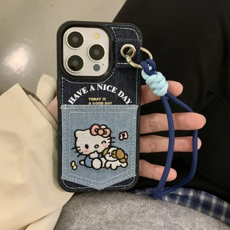 Cute Cartoon Sanrio Hello Kitty Cowboy Denim Fabric Embroidery Leather Phone Case For iPhone 16 Pro 15 14 13 Pro Max Hard Cover