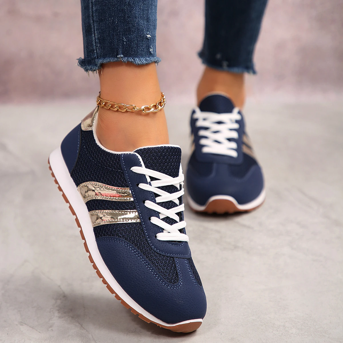 Blue Sports Shoes Summer New Round Head Color Matching Sneakers Lace-up Soft Sole Anti-slip Wear-resistant Flat image 6