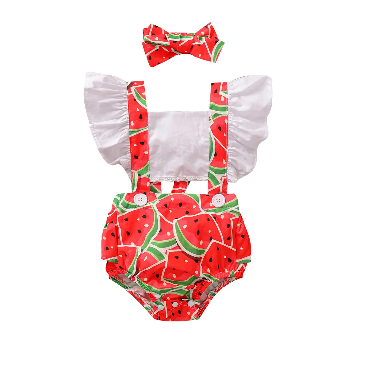 

Summer Baby Clothing Girl Romper Newborn Infant Bodysuit Ruffled Sleeveless Jumpsuit+Headband Watermelon Print Toddler 2Pcs A444