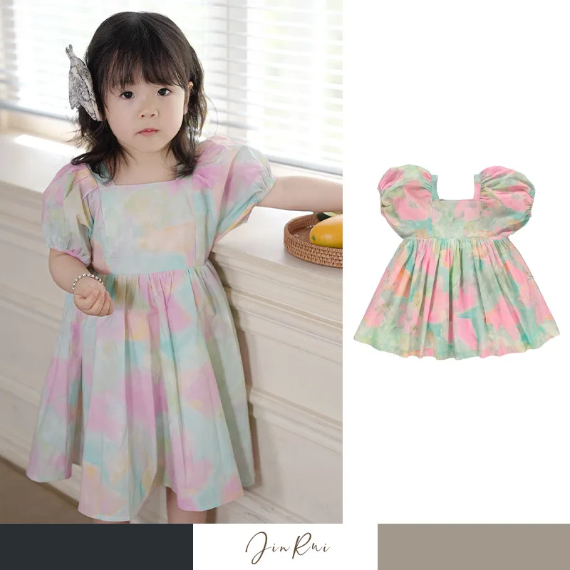 

Dress Summer Travel Holiday Girls Dresses Cotton Fashion Short Sleeve Tie-Dye Colourful Princess Baby Dresses