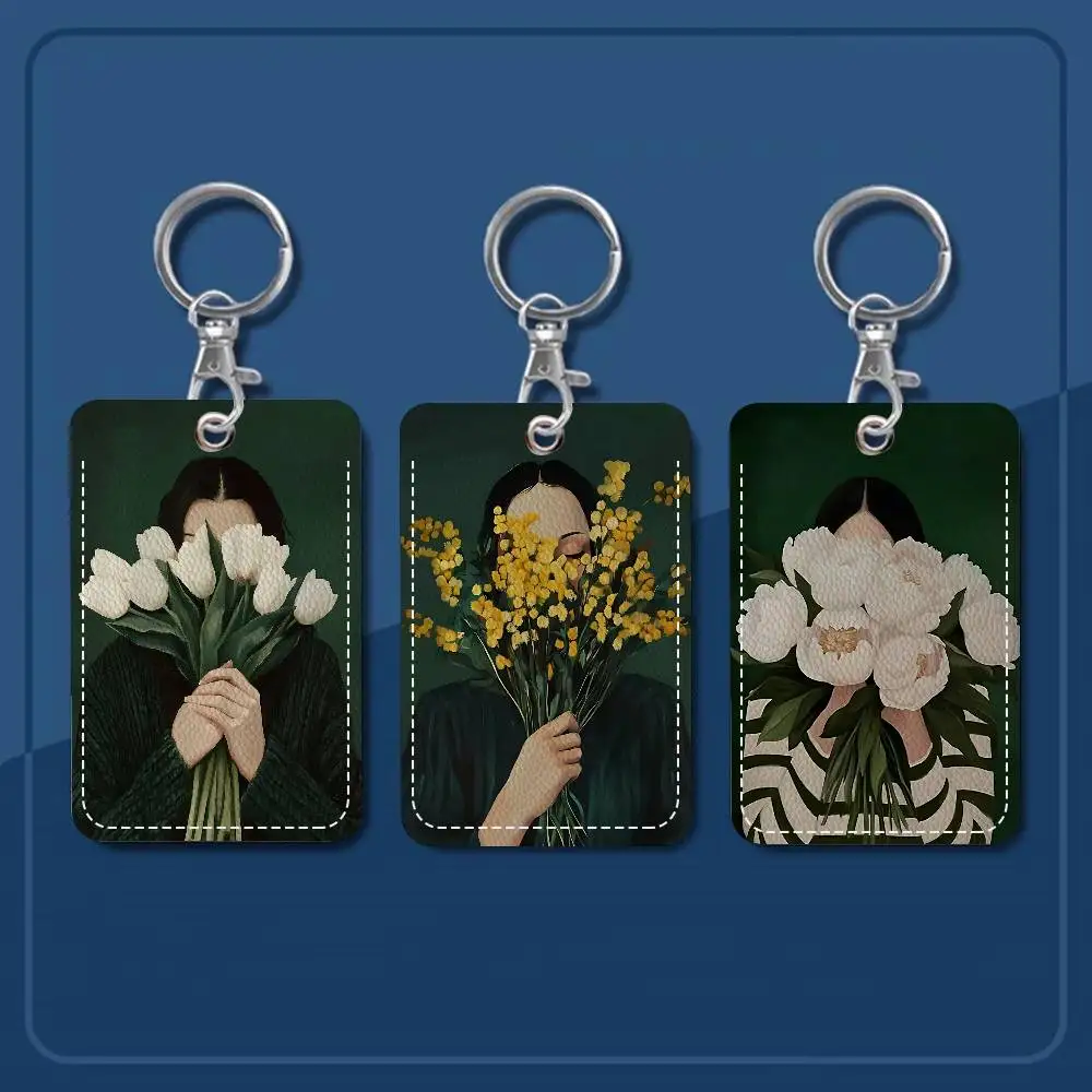 

Emerald Abstract People Art Style PU Access Card Holder With Keychain - Executive Protection For Bank Card,Subway