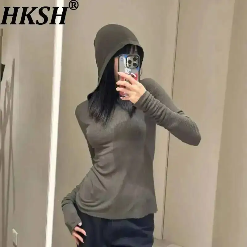 

HKSH Women Long Sleeve T-shirt Hooded Solid Color Slim Fit Dark RO Style Versatile Casual Knitted Top Spring Autumn 2026 HK23450