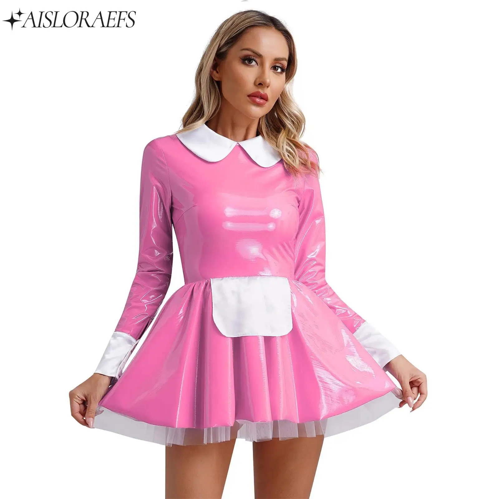 

Women's Sweet Style Maid Cosplay Costumes Patent Leather Dress Long Sleeve Satin Apron Tulle Underskirt Dress Halloween Clubwear