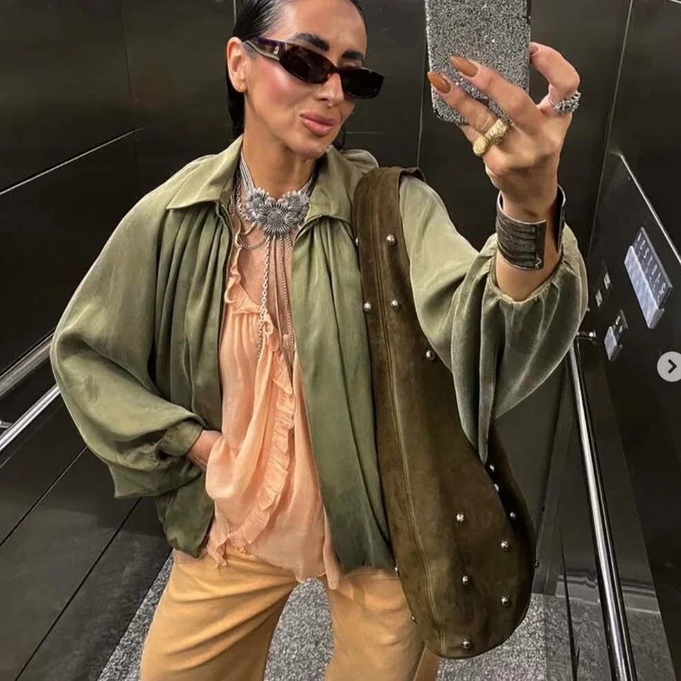 Autumn Jacket Coats Women Casual Lantern Sleeve Bomber Jacket Green Office Lady Outwear 2025 New