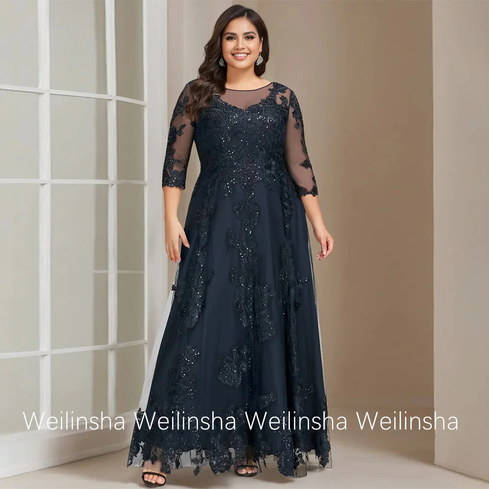 Navy Mother of The Bride Dress Plus Size Customized Scoop Neck 3/4 Sleeves Sequined Applique A Line Tulle Wedding Guest Gown