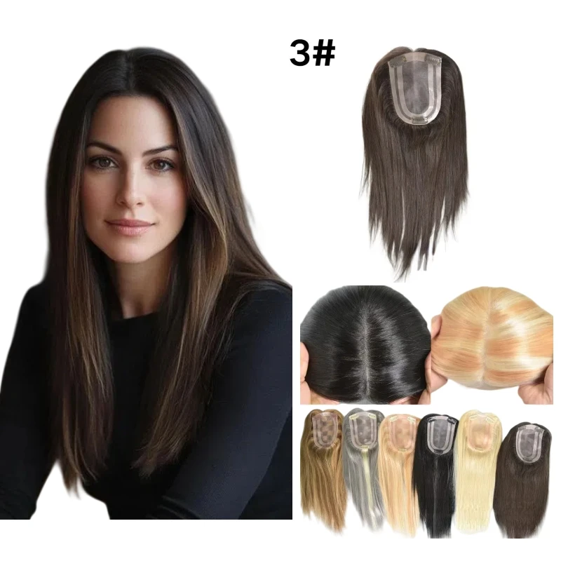 Women's Hair Topper Hand Tied 100% Human Hair Mono Pu Base 4x6inch 14inch Middle Part Salon Quality