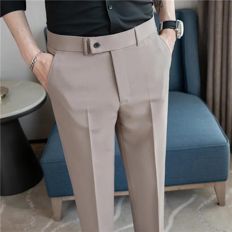 New Summer Men’s Suit Pants Solid Color Korean Slim Smart Casual Ankle-Length Pants Men Wedding Dress Office Suit Trousers Man