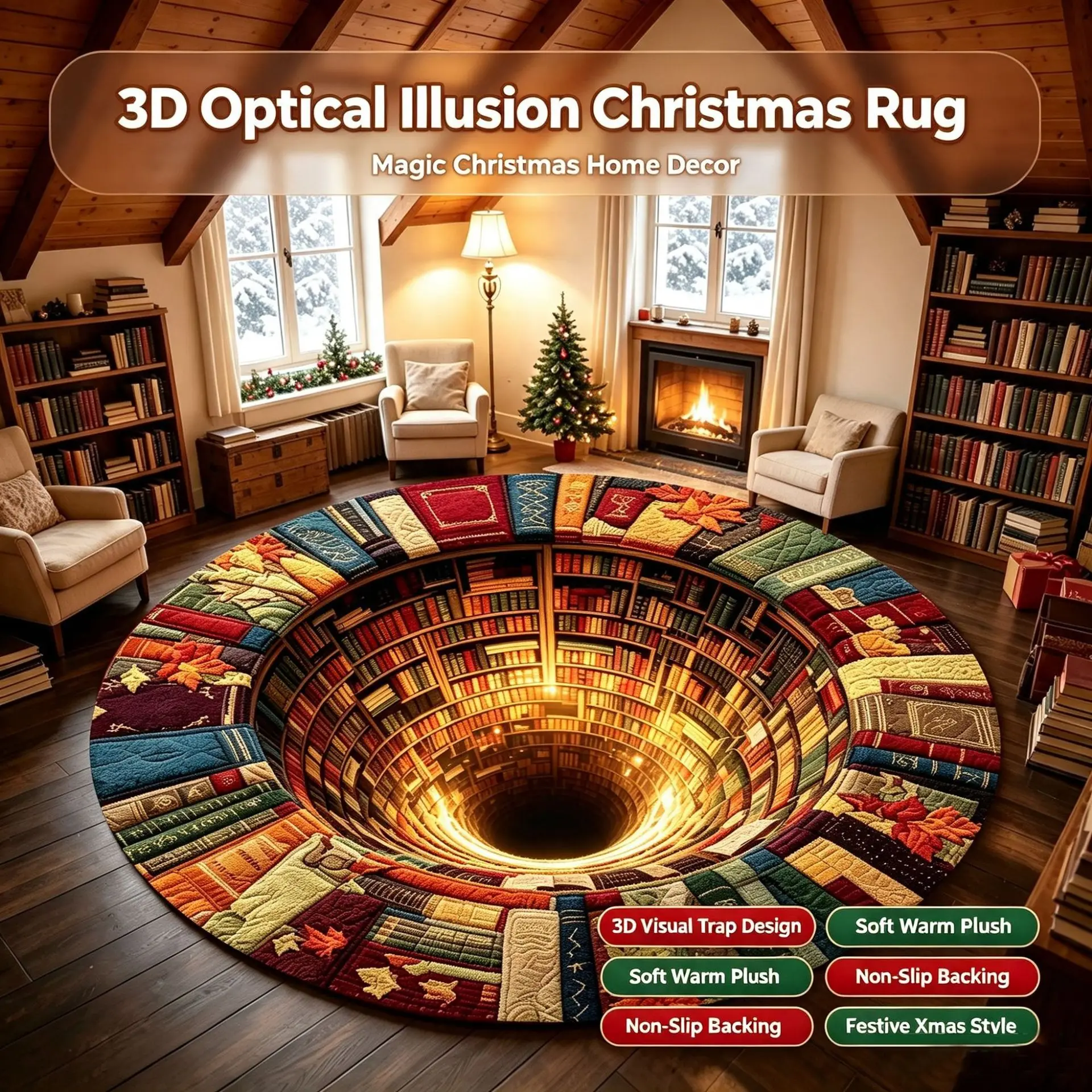 Christmas Round Rug 3D Visual Vertigo Spiral Staircase, Santa Claus Plush Surface Non-slip Carpet for Home Door New Year Decor