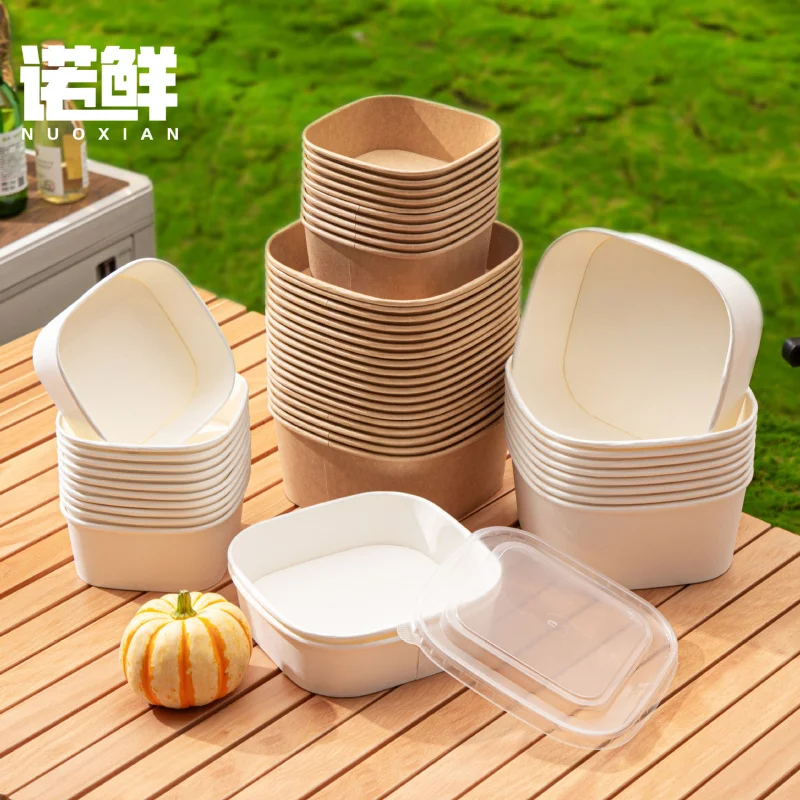 

Custom Disposable Lunch Box Kraft Paper Fruit Salad Bowl Takeaway Fast Food Packing Box Square Picnic Box Thickened Bento