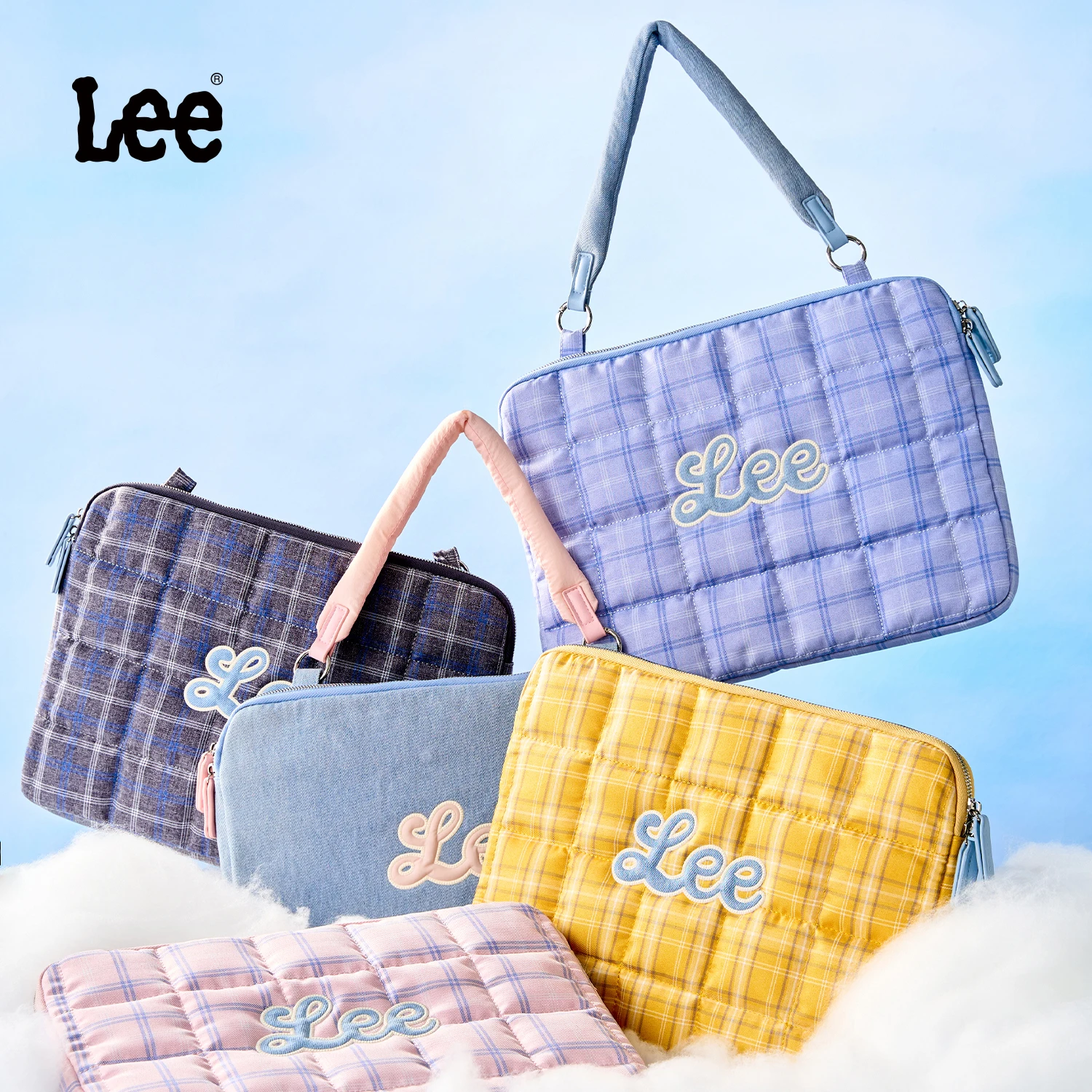 LEE, bolso para portátil universitario para mujer, elegante bolso para ordenador, bolso de hombro de gran capacidad, bolso clásico a cuadros de mezclilla mixta para ordenador portátil