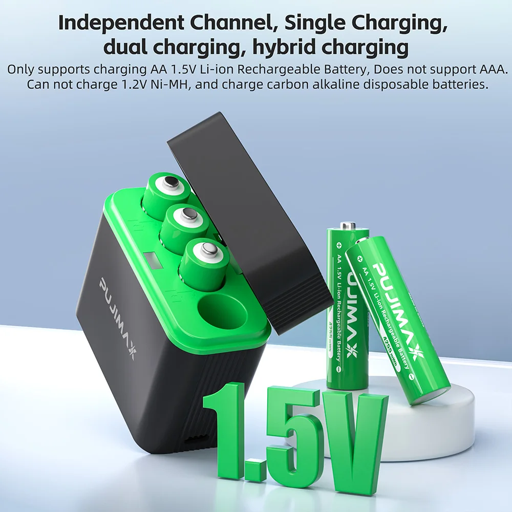 PUJIMAX AA 1.5V 4255mWh Smart Charging Compartment 4-Slot Rechargeable Batteries Lithium Battery Charger Set Large Capacity