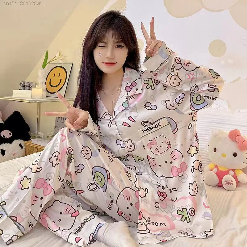 Sanrio Hello Kitty Long Sleeve Pajamas Ice Silk Cute Anime Home Wear Sets For Women 2 Pieces Kawaii Kuromi Pijamas Sleepwear Y2k